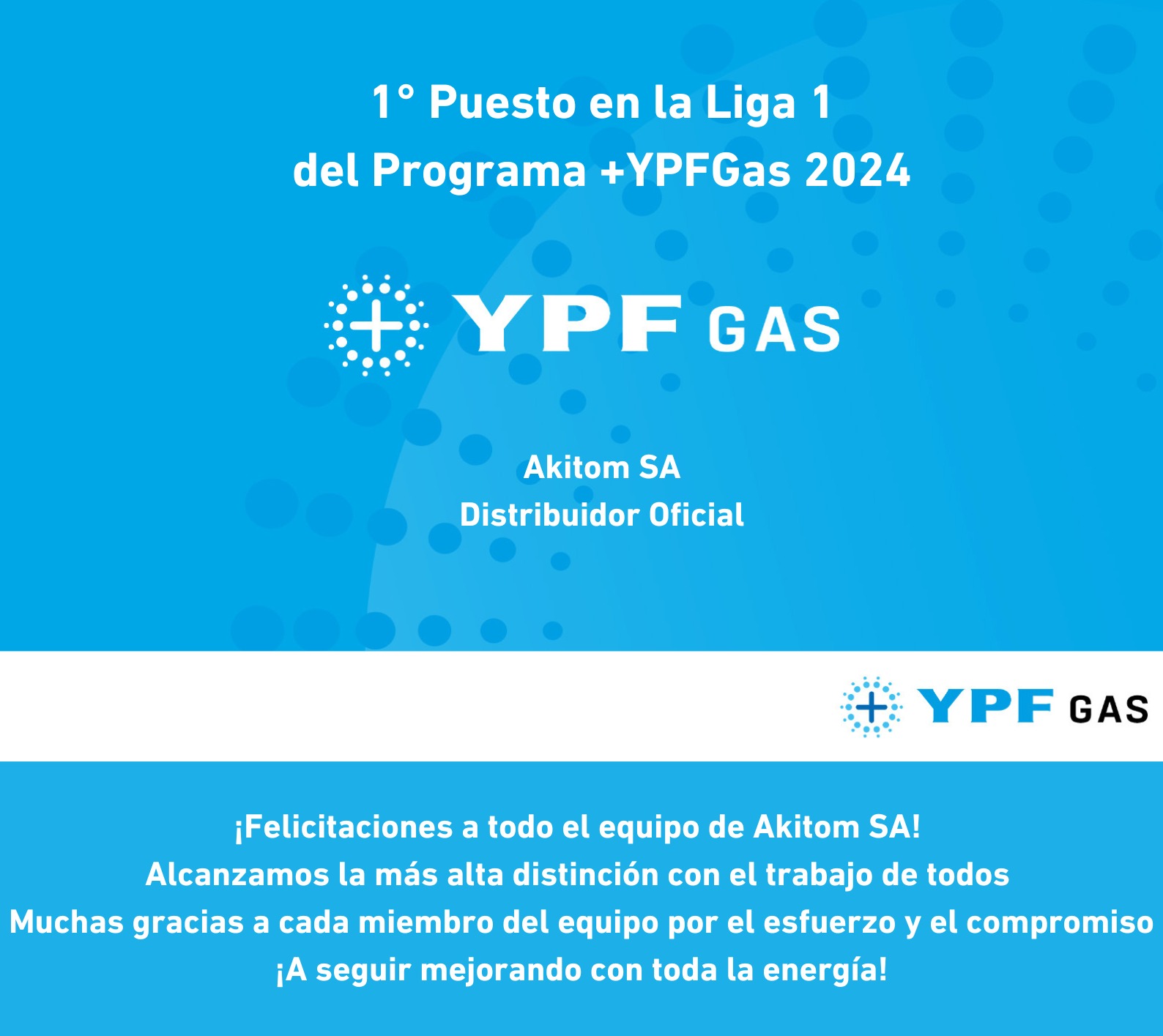 ¡Felicitaciones al equipo de Akitom SA por el 1° Puesto en la Liga 1 del Programa +YPFGas 2024!