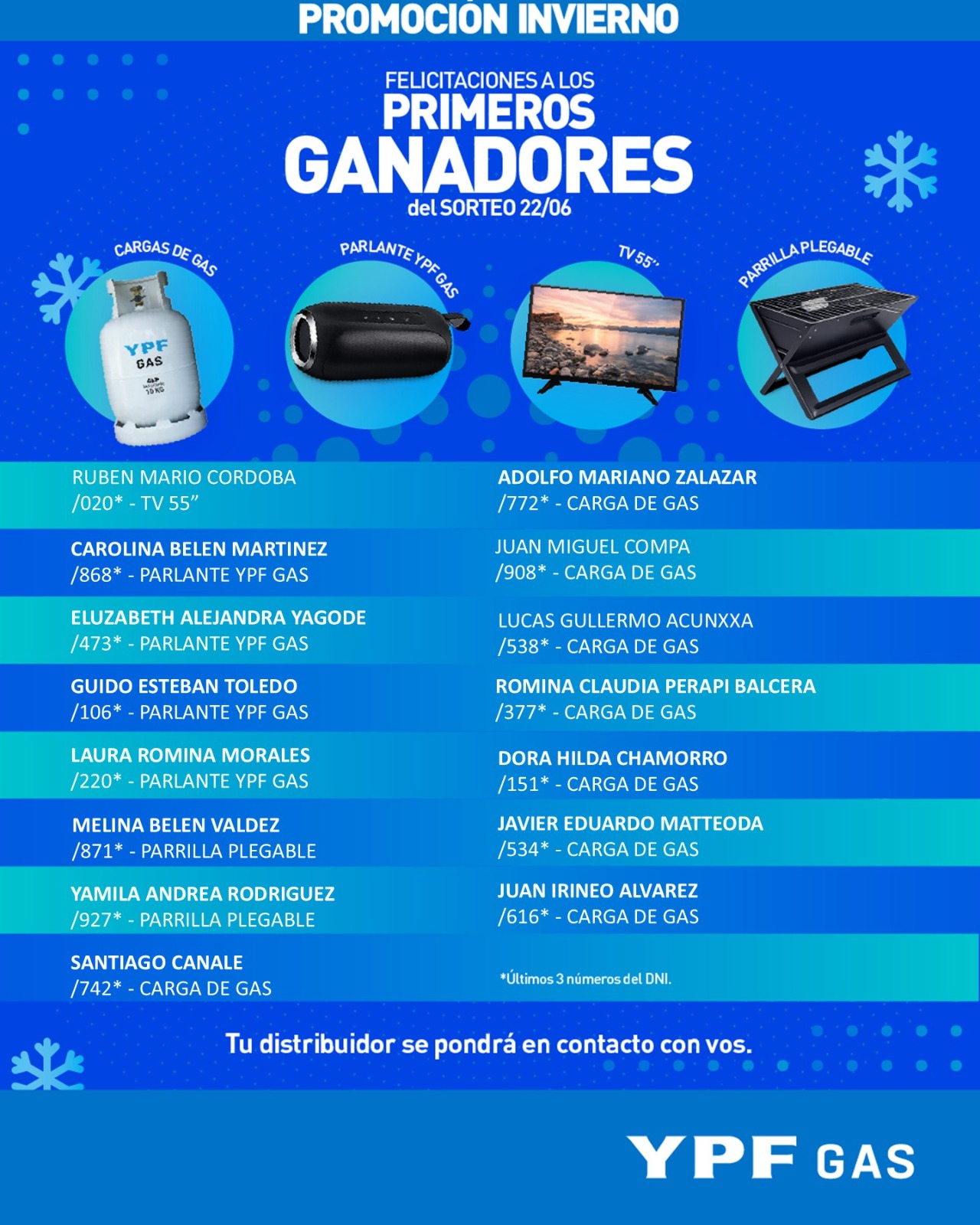 ¡Felicitaciones a los primeros ganadores del sorteo de la Promoción Invierno!