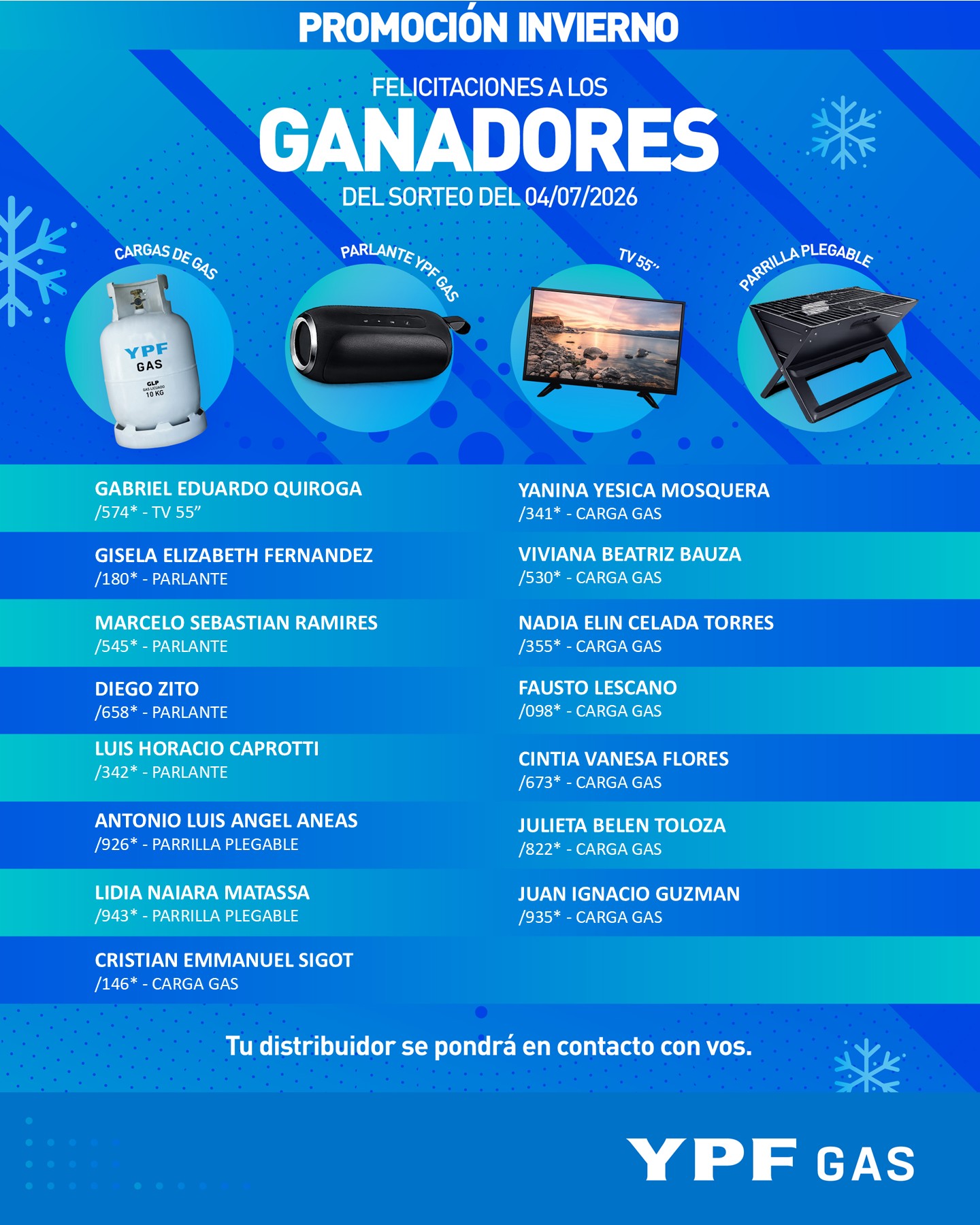 ¡Felicitaciones a los ganadores del segundo sorteo de la Promoción Invierno!